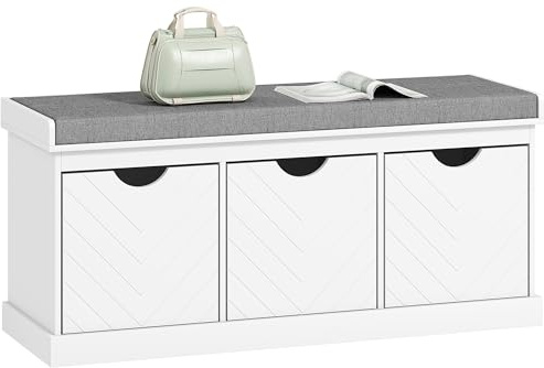 HOMCOM Banc pour chaussures, banc de rangement pour chaussures en lin avec 3 tiroirs amovibles et un coussin d'assise rembourré pour l'entrée, le couloir, le salon, blanc