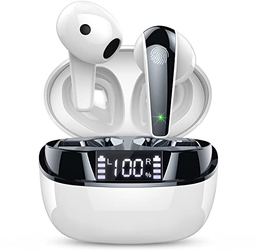 Auriculares inalámbricos Bluetooth 5.3 con auriculares estéreo HiFi inalámbricos, auriculares de 47 horas con 4 micrófonos ENC con cancelación de ruido, pantalla LED dual IP7, impermeables, USB-C para