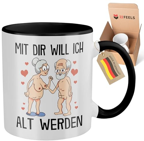 22Feels Paar Tasse Jahrestag Geschenk Ehefrau Ehemann Hochzeitstag Freund Freundin Valentinstag Sie Ihn Beziehung Liebe Spruch Mit Dir Alt Werden (Zweifarbig Weiss-Schwarz)
