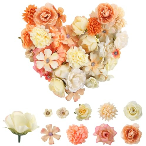 HOCUCHELAND 40 Pezzi Fiori Finti per Decorazioni, Testa di Fiore Artificiale con 9 Stili, Seta di Plastica Fiori Artificiali per DIY Nozze Taglio di Carta Decorazione Della Casa (Arancione)