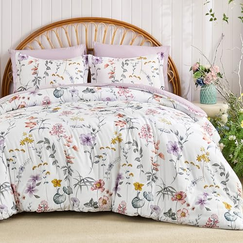Guchuang Bedding Double Duvet Cover Sets Flowers White and Lilac Floral Bedding Set 3-Piece, Soft Microfiber Floral Duvet Cover 200x200cm Zipper Closure with 2 Pillowcases, for All Season