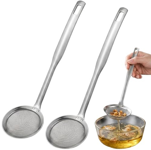 Cooking Oil Filter Sieves for Cooking, Stainless Steel Skimmer Spoon with Fine Mesh, Professional Kitchen Strainer Set of Two Small Oil Drainer Spiders
