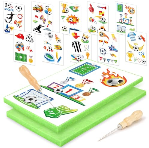 JSRQT Punteruolo per Carta con 2 Base In Feltro 2 Aghi 10 Immagini da Ricamo Kit Completo Legno Tappetino Artigianato Punteruoli Fai-Da-Te Creativi Cucito e Creazioni Calcio