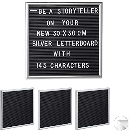Relaxdays 4X Letter Board con Struttura in Legno, 145 Lettere, Numeri e Caratteri Speciali per Lavagna, 30x30 cm, Argento