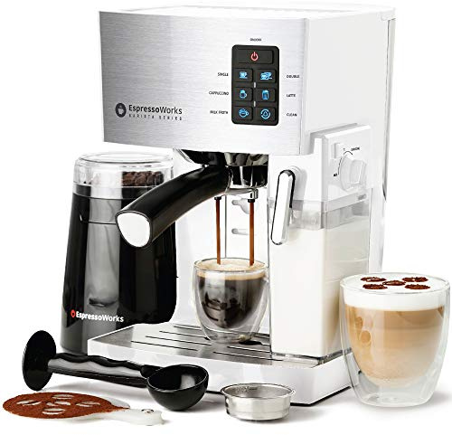 EspressoWorks 19-Bar Espresso, Latte and Cappuccino Maker 10-Piece Set - Brew Cappuccino and Latte with One Button - Espresso Machine with Milk Steamer 1250W - Coffee Gifts (White)