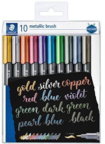 STAEDTLER metallic brush Marker, Pinselspitze, Lininenbreite 1-2 mm, deckend auf hellem und dunklem Papier, leicht abwischbar von glatten Oberflächen, 10 Marker in transparentem Etui, 8321 TB10