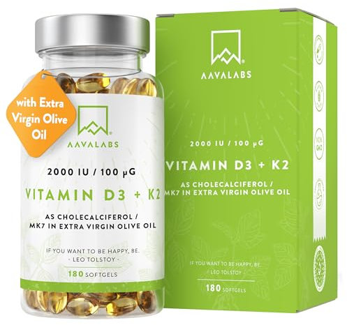 Vitamin D3 K2 hochdosiert mit nativem Olivenöl - Vitamin D hochdosiert 2000 IE + Vitamin K2 MK7 100μg - Sonnenvitamine Vitamin D K2 GMO-, gluten- und laktosefrei 180 Vitamin D3 K2 Kapseln hochdosiert