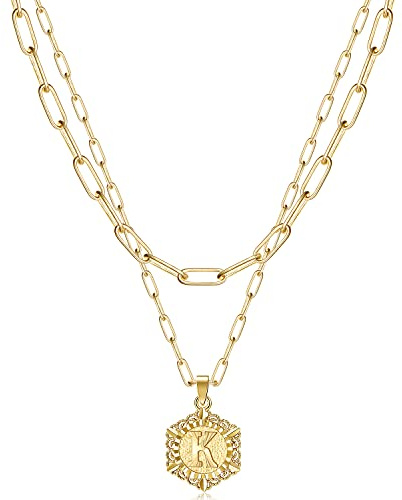 KissYan Collares con inicial para mujer, chapado en oro de 14 quilates, dije de letra hexagonal, cadena de plata, delicada capa de oro blanco, clip de papel, ajustable, gargantilla de la A a la Z,