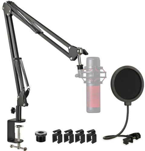 HyperX QuadCast Mic Stand with Pop Filter, Adjustable Mic Boom Arm with Upgraded Desk Table Mount Clamp for HyperX QuadCast, QuadCast S-RGB USB Condenser Microphone by Rigych