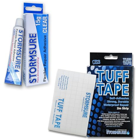 Stormsure Flexibler Reparaturkleber + TUFF Tape Starkes Reparaturband - (15g) Transparenter Kleber + 2m x 7,5cm-Band