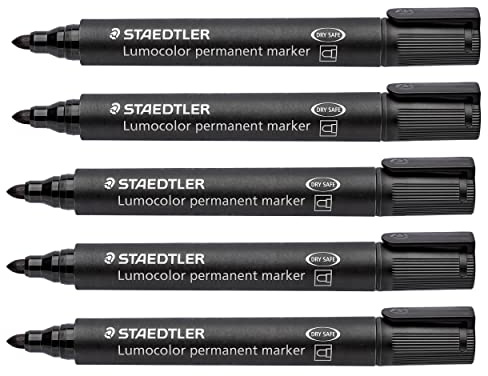 Staedtler Lumocolor permanent märkpenna, tork- och vattentät, rund spets 2 mm, påfyllningsbar, snabbtorkande, lång livslängd, luktfri, 5 svarta markörer, 352–9 x