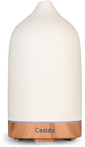 Moderner Keramik Aroma Diffuser - Aromadiffuser für ätherische Öle mit LED Licht 3-in-1: Ultraschall Diffusor, Luftbefeuchter und Nachtlicht - 100 ml Wassertank (Weiß/Holz)