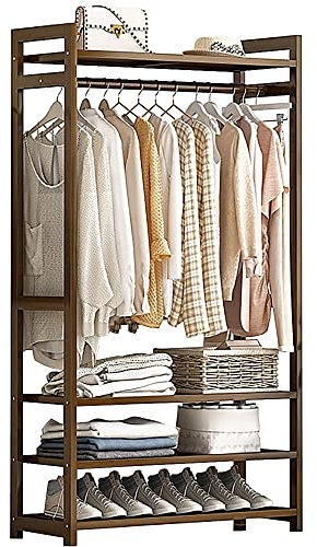Bamboo Clothes Rack Portable, Portable Closet with Compartments, Coat Stand Hanging Rail with Storage Shelves Portable Garment Freestanding Hanger for Bedroom and Entryway