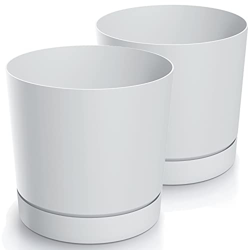 Tymar Blomkruka med underlägg, 2-pack, dekorativ blomkruka av plast, modern, rund form, för inomhusbruk (ø 24 cm, (2-pack) vit)