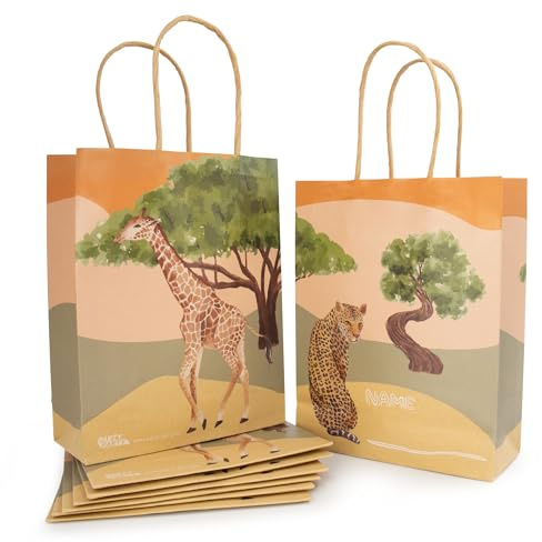 PARTY PARTY 8 Safari Geschenktüten mit Henkel, umweltfreundliches Kraftpapier, Dschungel Party Tüte Kindergeburtstag, Mitgebsel, kleine Geschenke, 19 x 15 cm