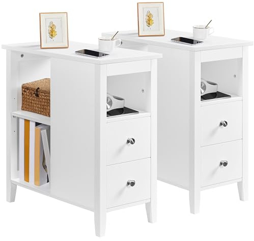 Yaheetech White Narrow Bedside Tables Set of 2, Slim Nightstands Side Tables with 2 Drawers and 3 Shelves, Storage Organizer File Cabinets for Living Room Bedroom Small Space, E1 MDF, 60*30*61.5 cm