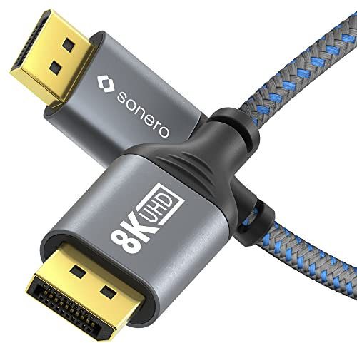 Cavo Sonero® 8K DisplayPort 1.4, da DisplayPort maschio a DisplayPort maschio, 8K 60Hz, 4K 120Hz, rivestimento in cotone, grigio/blu, 1 metro
