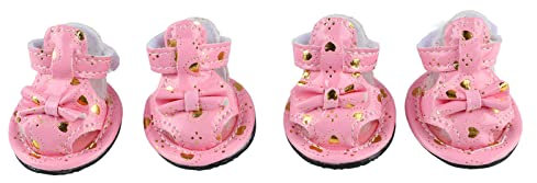Qcwwy 2 Paar Hundepfotenschuhe, Hundehausschuhe, Hundeschuhe mit Schleifen-Design, Hundestiefel, Pfotenschutz, Verdickte Sohle, wasserdichte Mesh-Hundesocken, Pfotenschutz für Kleine (Rosa)