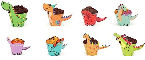 Nislai® Muffin Wrapper Dino | Drachen Cupcake Deko | Topper Picker Dino Geburtstag Party | 24 Stück mit 8 Designs