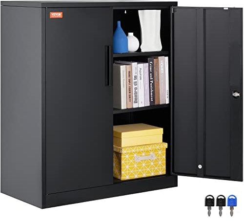 VEVOR 3-Stockiger Aktenschrank Beistellcontainer mit 2 Magnetischen Türen, 90,72 kg Belastbar pro Regal, Abschließbarer Lagerschrank, Metallschrank mit 3 Schlüsseln, für Büro, Garage, Zuhause usw.