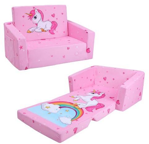 Faltbarer KinderSofa-Rückenlehen-Sessel 2 in 1, Standfest Kindersessel mit Stofftasche und Rutschfestes Kissen, Weiche Leichte Flip Open Kinderstuhl für Schlafzimmer Wohnzimmer Spielzimmer, Einhorn