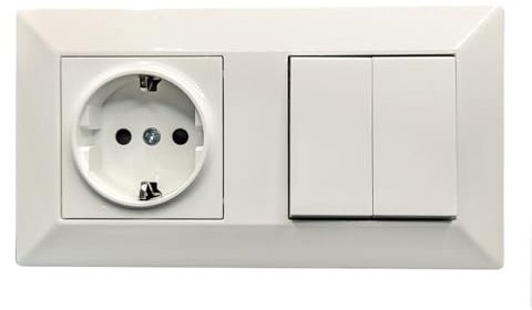 Jandei - Enchufe Schuko 2P+T 16A y Doble Interruptor Conmutador, 230V, Decoración Elegante Pared Interior, Fácil de Instalar, Incluye Marco y Mecanismo, Policarbonato Color Blanco