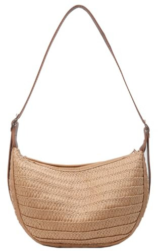 GSenhui Strohtasche Damen Halbmond Strandtasche Korbtasche Stroh Handtasche Sommer Basttasche mit Reißverschluss Wove Bag für Strand Reise Schule
