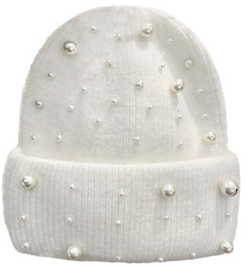 Wisafory Damen Strickmütze mit Perlen Beanie Mütze Warm Wintermütze Atmungsaktiv Bequem Damenmützen Gestrickte Mütze Elastisch Thermomütze Skimützen Laufmütze für Frauen Mädchen Weiß