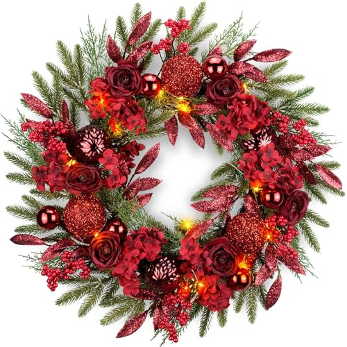 YULETIME 24 Red Hydrangea Christmas Wreath, 20 Fairy Light Battery Powered | Artificial Holiday Wreath with Baubles, Berries, Leaves, Spruce Branches, Snowy Pine Needles