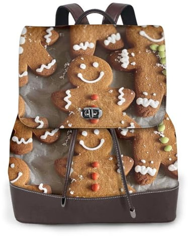 JKSEEPYN Sac à dos à rabat en cuir pour femme Motif biscuits en pain d'épice Sac à dos imperméable Sac à dos à bandoulière réglable, Noir , taille unique