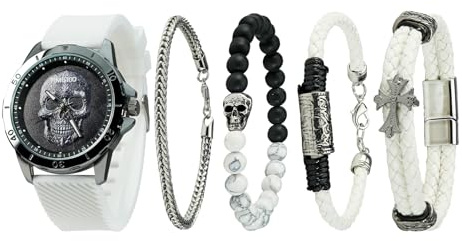 TIME100 Set de Regalo para Hombre, Reloj Hombre con Pulsera, Diseño de Calavera, Correa de Silicona, Elegante Regalo para Navidad y Cumpleaños（Blanco）