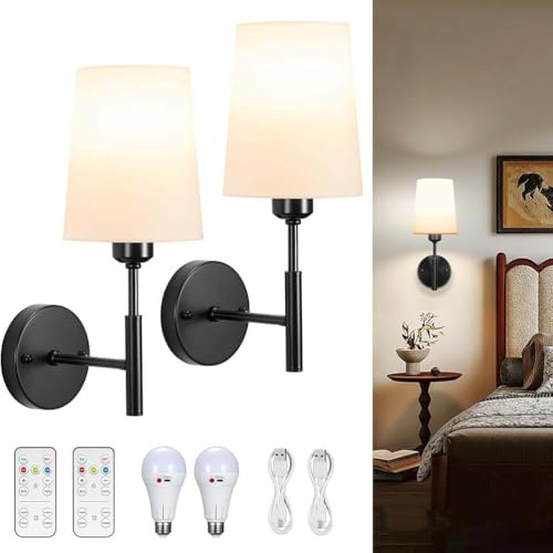 AoLa 2 Stück Akku Wandleuchte Touch Dimmbar mit Fernbedienung Wandlampe Innen Aufladbar mit Timer Kabellos Wandbeleuchtung mit weiß Stoffschirm E27 Ohne Stromanschluss Nachttischlampe,Schwarz