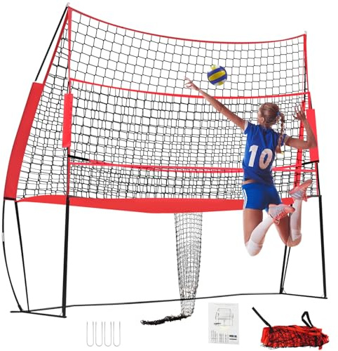 Volleyballnetz Trainingssystem, Tragbares 3-in-1 Volleyball Netz mit Tragetasche, Höhenverstellbar Volleyball-Rebounder für Hinterhof-Schlägerteam Solo-Trainingsgeräte, 2.44 * 3.35 M (Rot)