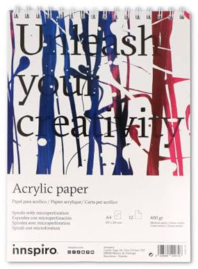 INNSPIRO Bloc de Papel para Acrílico A4-12 páginas 400 g/m2, Papel Grueso Texturizado para Acrílico