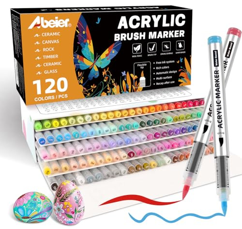 ABEIER 120 Farben Acrylstifte Set für Steine Wasserfest Brush Tip Acrylic Pens Set, Acrylmarker Schnelltrocknend und Ungiftig, Acrylstifte zum Bemalen für Stoff, Leinwand, Glas, Holz und Papier