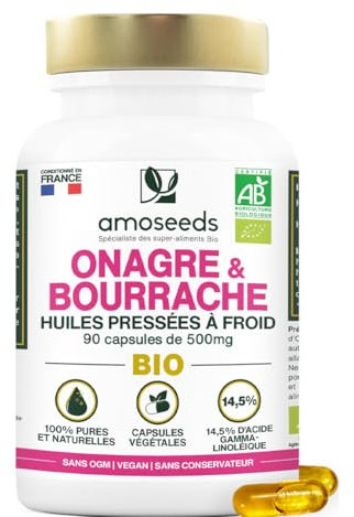 Huile d’Onagre et Bourrache BIO | Première pression à froid | 14,5% acide gamma-linoléique | 90 capsules végétales, vegan | Fabriqué en France | Qualité Supérieure
