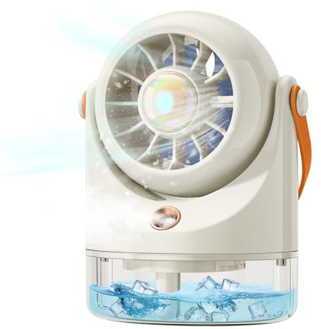 Tischventilator Sehr Leise, Mini Ventilator Usb, Mini Klimaanlage Mobil mit Akku, Klein Ventilatoren Batteriebetrieben fur Camping Reise Büro Portable Spray Kühlung Table Luftkühler Cooling Fan Beige