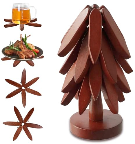 Wooden Trivets for Hot Dishes, 4 Wooden Trivets + 1 Stand Stored Set, Foldable Trivet Table Pad Tree Shape Trivet Set Coaster, Automatic Shrinking, for Plates, Cups, Pots, Home Decoration