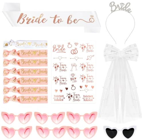 Addio al Nubilato Gadget, 7 Occhiali Cuore, 7 Bracciali Team Sposa, 1 Cerchietto Bride, 1 Fascia Bride to be, 1 Velo Sposa Addio al Nubilato, 1 Tatuaggi, Accessori Addio al Nubilato Sposa e Amiche