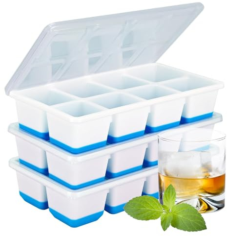 Lot de 3 bacs à glaçons carrés en silicone avec couvercle - Grands bacs à whisky carrés pour cocktails, anciens et smoothies - Sans BPA - Pour congélateur - Bleu