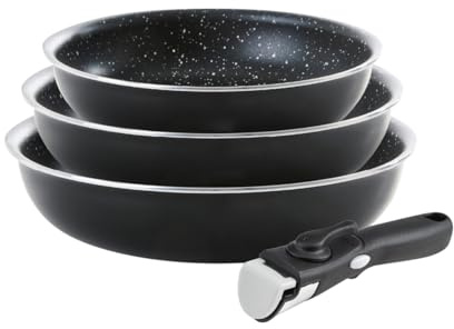 QDESIGN Set di 3 padelle in alluminio antiaderente senza PFOA con manico rimovibile, tutte le fornelli, inclusa l'induzione, adatte per lavatrice e frigorifero, 20/24/28 cm, colore: nero