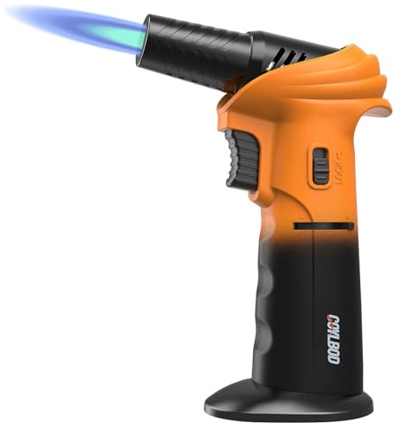 Butane Torch Lighter, 0-90°Rotating Angle Butane Lighter, Refillable Kitchen Torch with Safety Lock, Adjustable Flame for Soldering (Orange and Black)