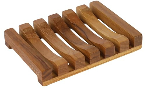 Seifenhalter aus Teakholz mit Schlitzen von HTB | Holz-Spülschwammhalter für Küche, selbstentleerende Seifenschale für Dusche, Waschbecken, Badezimmer, Badewanne, Wohnmobil