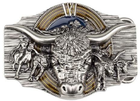 Longhorn tjurhuvud bältesspänne för män tull ryttare cowboy bältespänne tribal nötkreatur smycken för män, silver, L