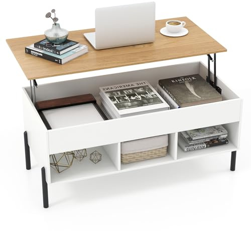 COSTWAY Lift Up Top Coffee Table, Wooden Lifting Cocktail Center Table with Hidden Storage Compartment, Open Shelf and Metal Legs, Rectangle Accent Sofa Side Tea Tables for Living Room (White+Natural)
