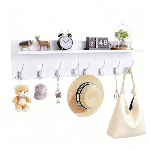 M.J Comfy-Life 2pack Coat Rack Shelf Wall Mounted, Wooden Coat Hooks with Shelf, 8 Dual Metal Hooks for Entryway, Hallway, Bathroom & Bedroom, 80cm Wall Mounted Hanger Organizer for Coats, Hats, Keys