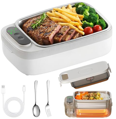 Electric Heated Lunch Box for Adult, Cordless 14000mAh Rechargeable Food Heater Wireless Self Heating Hot Lunch Box 1L 304 Stainless Steel Removable Inner Container Portable Food Warmer for Car Office