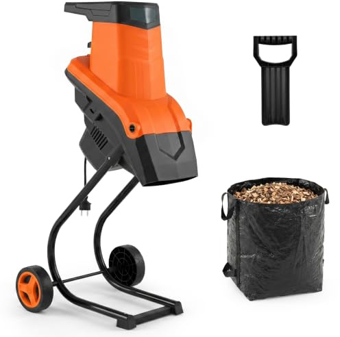 HOMASIS Broyeur Vegetaux et Branches 2500W, Ratio de Broyage 21:1, Déchiqueteuse Végétaux 45mm avec Sac Ramassage 50L et Poussoir, Machine Broyeur de Bois avec Roues pour Jardin (Orange)