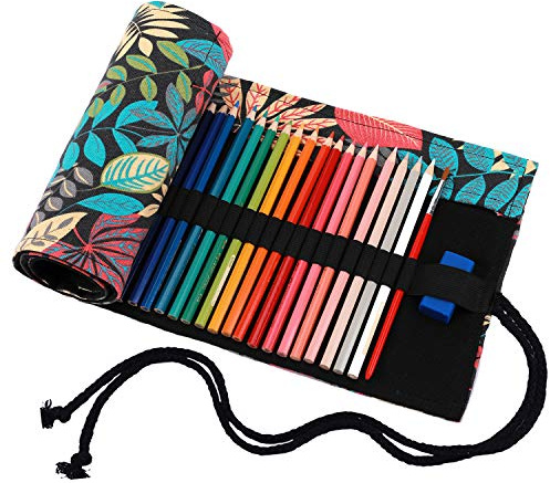 Amoyie Trousse a Crayon Enroulable, Pliable Pochette Rangement pour 36 Crayons de Couleur, Etui Tissu, Feuille Colorée