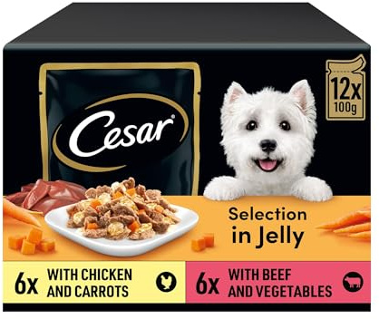 CESAR Pouch Selection in Jelly, Fresh Adult Wet Dog Food Pouches in Delicious Jelly with Succulent Meats and Vegetables, 48 x 100 g
